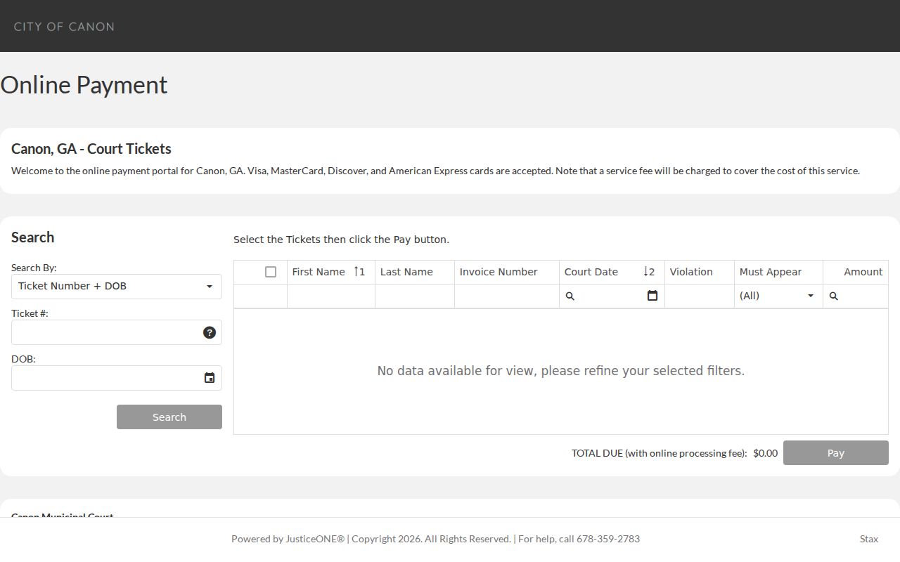 Canon JusticeONE municipal ticket search portal