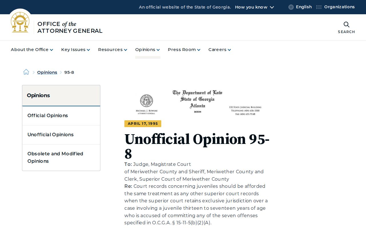 Georgia Attorney General guidance on restricted juvenile records affecting Franklin County dockets